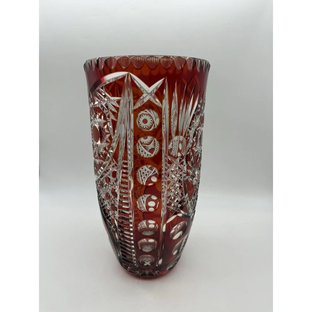 RARE Vintage Cranberry Red Cut to Clear Bohemian Heavy Crystal Vase 10